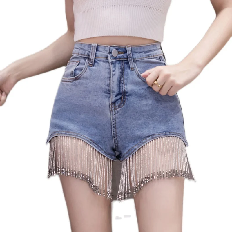 

Vintage Button Summer 2021 New Fashion Tassel Stitching Shorts High-Waisted Jeans Pockets Sexy Women Pants Denim Jeans 732F