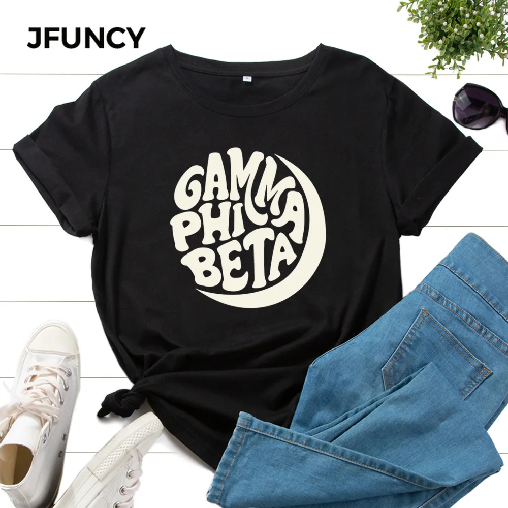 

JFUNCY Women T-shirts Gamma Phi Beta Letter Print Cotton Tops Oversized Woman Tshirt Female Tee Shirts Lady Casual Loose Clothes