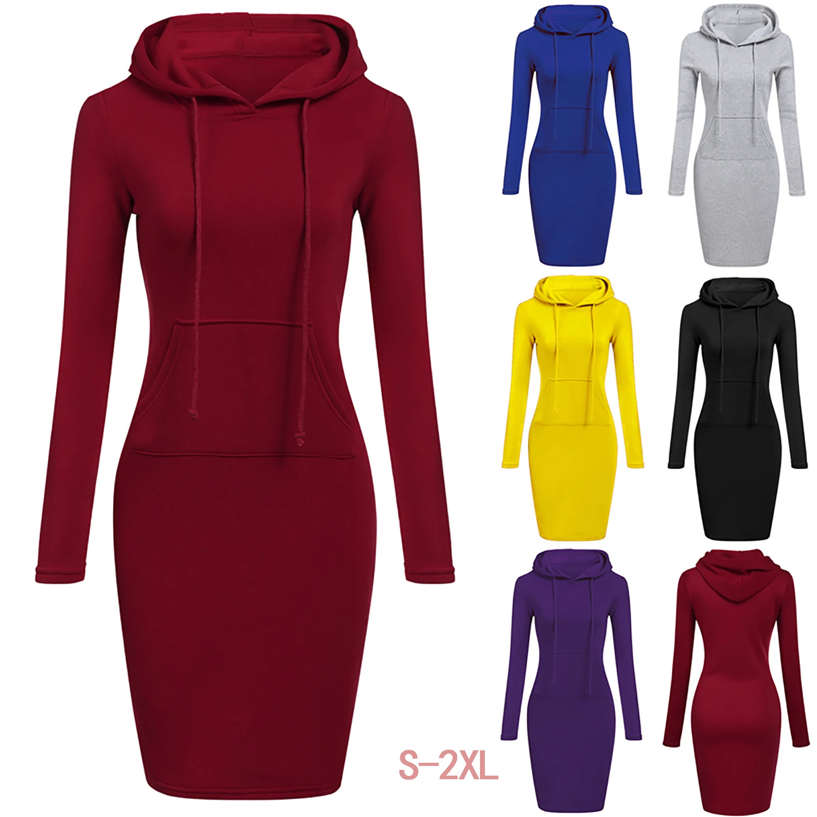 

Women's Sweater Dress 2022 Fashion Hoodie Long Sleeve Dress Women's Casual Pure Color Hooded Robe