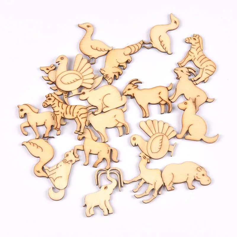 

10pcs 30-45mm Random Mixed Animal Pattern Natural Wood Ornaments Diy Scrapbooking Carft For Home Decoration Embellishments m2677