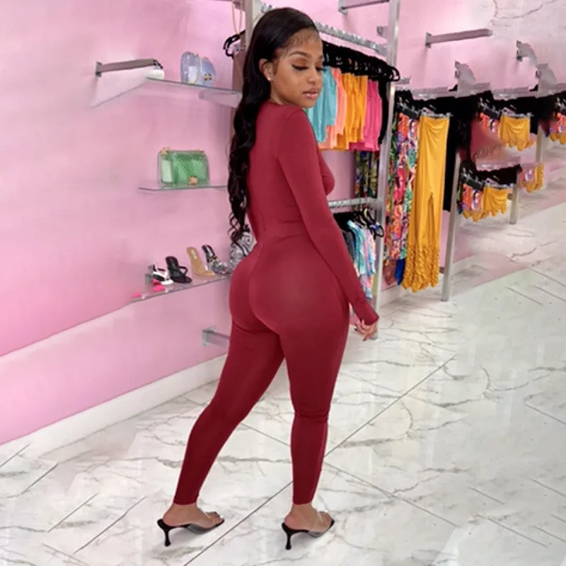 Autumn Women High Street Sexy V Neck Jumpsuit Hollow Out Lace Up Chain Long Sleeve Bodycon Slim Club Romper Playsuit Streetwear