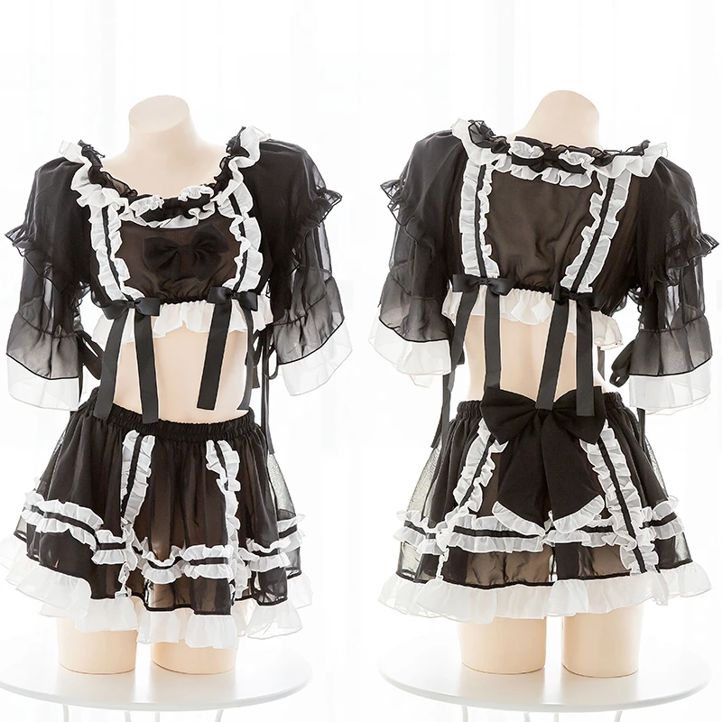 Женское сексуальное черное прозрачное шифоновое платье-пачка из двух частей