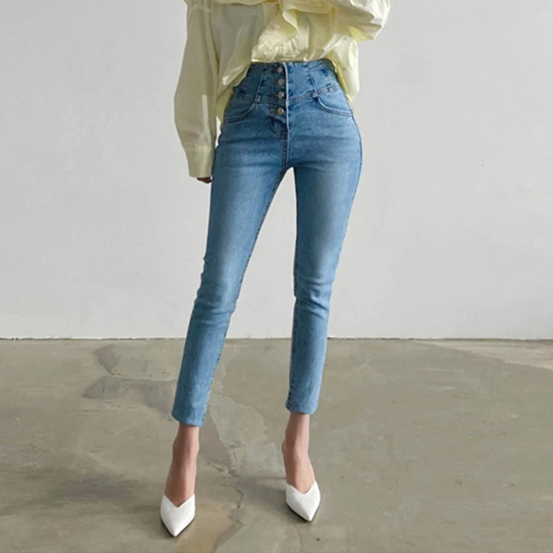 

Vintage Single-Breasted Autumn Women Denim Jeans 2021 High Waist Stretch Pants Capris Female Streetwear Jeans Pants