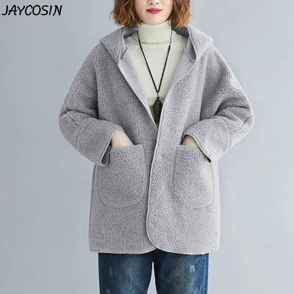 JAYCOSIN Женское пальто из плотного флиса с карманами куртка капюшоном верхняя
