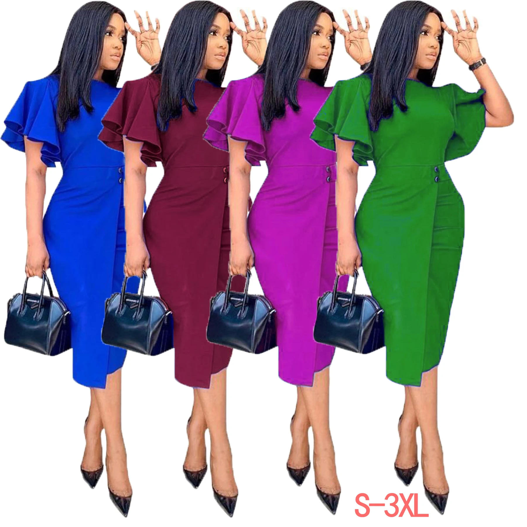 

Women's dress party round neck ruffled high waist slit tight sexy suit hip elegant celebration evening date gown