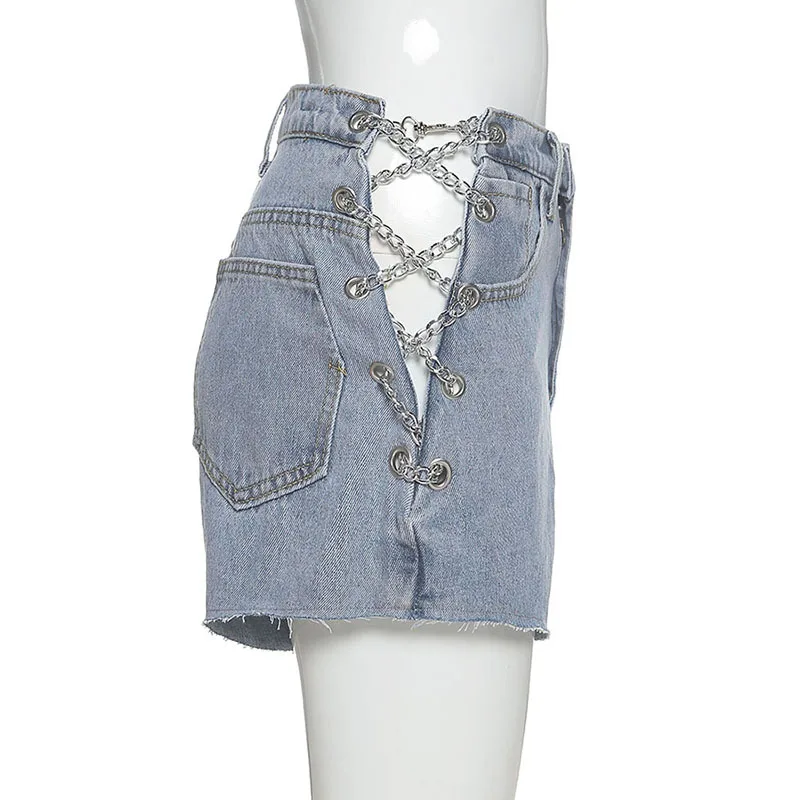 

Mandylandy Chain Street Style Straight Denim Trousers Jeans Women High Waist Jeans Hollow-out Tied Slim Fit Casual Denim Pants