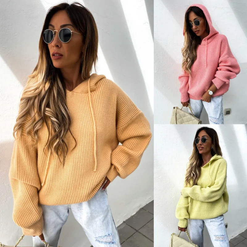 

Women V Neck Hooded Sweater Solid Long Sleeve O-neck Loose Hoodie Pullovers Casual Loose Jumper Tops Loose Streetwear Sweater