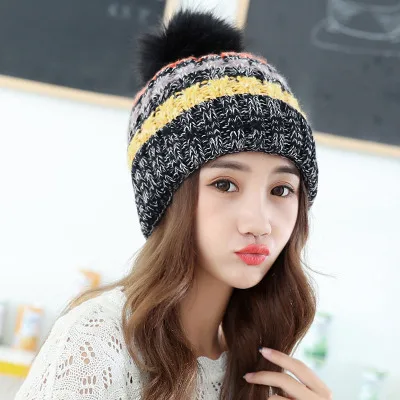 

simple women knitted Hat Women High Quality Winter girls Ball Ski Rabbit Fur Hat PomPoms warm Balaclava knitted Hats