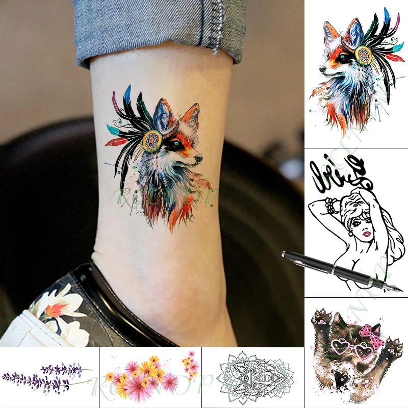 Waterproof Temporary Tattoo Sticker Wolf Flower in Head Fake Tatto Hand Arm Foot Flash Tatoo for Kid Girl Men Women | Красота и