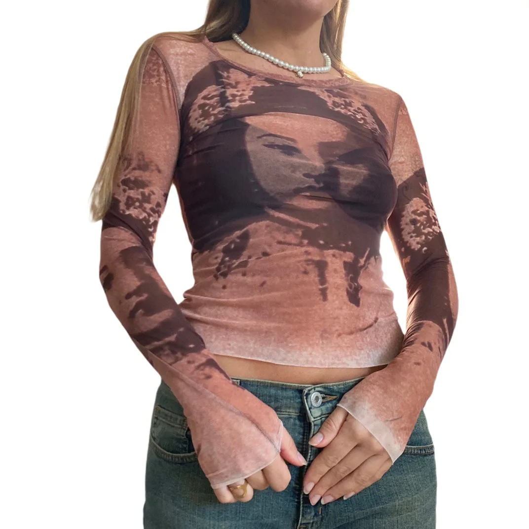 

Summer Women Casual Personality Long Sleeve T-shirt Fashion Portrait Printing Mesh Yarn Round Neck Tops