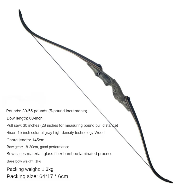 

60-Inch Recurve Bow Archery Hunting Bow Outdoor Shooting High-Strength Maple Bow 30-55 Pounds Detachable Recurve Bow