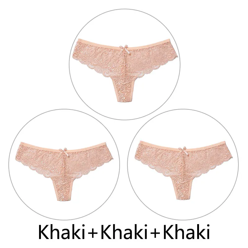 Khaki Khaki Khaki 3 шт., сексуальные кружевные трусики женские стринги и стринги, открытая низкая талия, нижнее белье, прозрачные танга, женское нижнее белье, дышащее - Цвет: Khaki Khaki Khaki