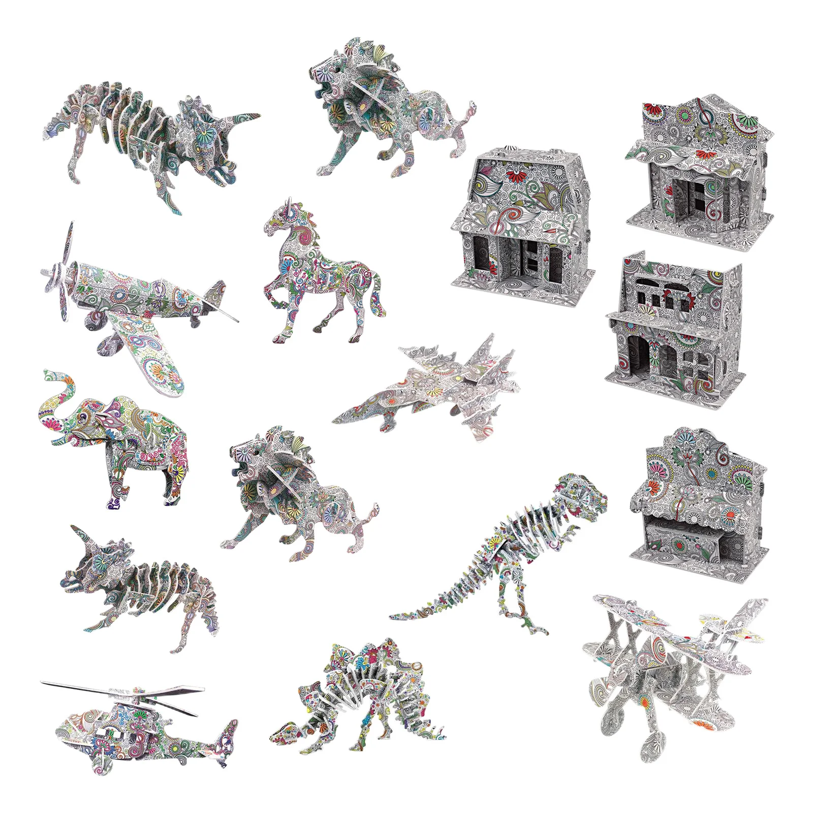 

4 Pcs/Pack Mixed Models 3D Puzzle Art Coloring Painting with 12 Pen Markers Xmas Gift 3-D Puzzle Project for Children Adults