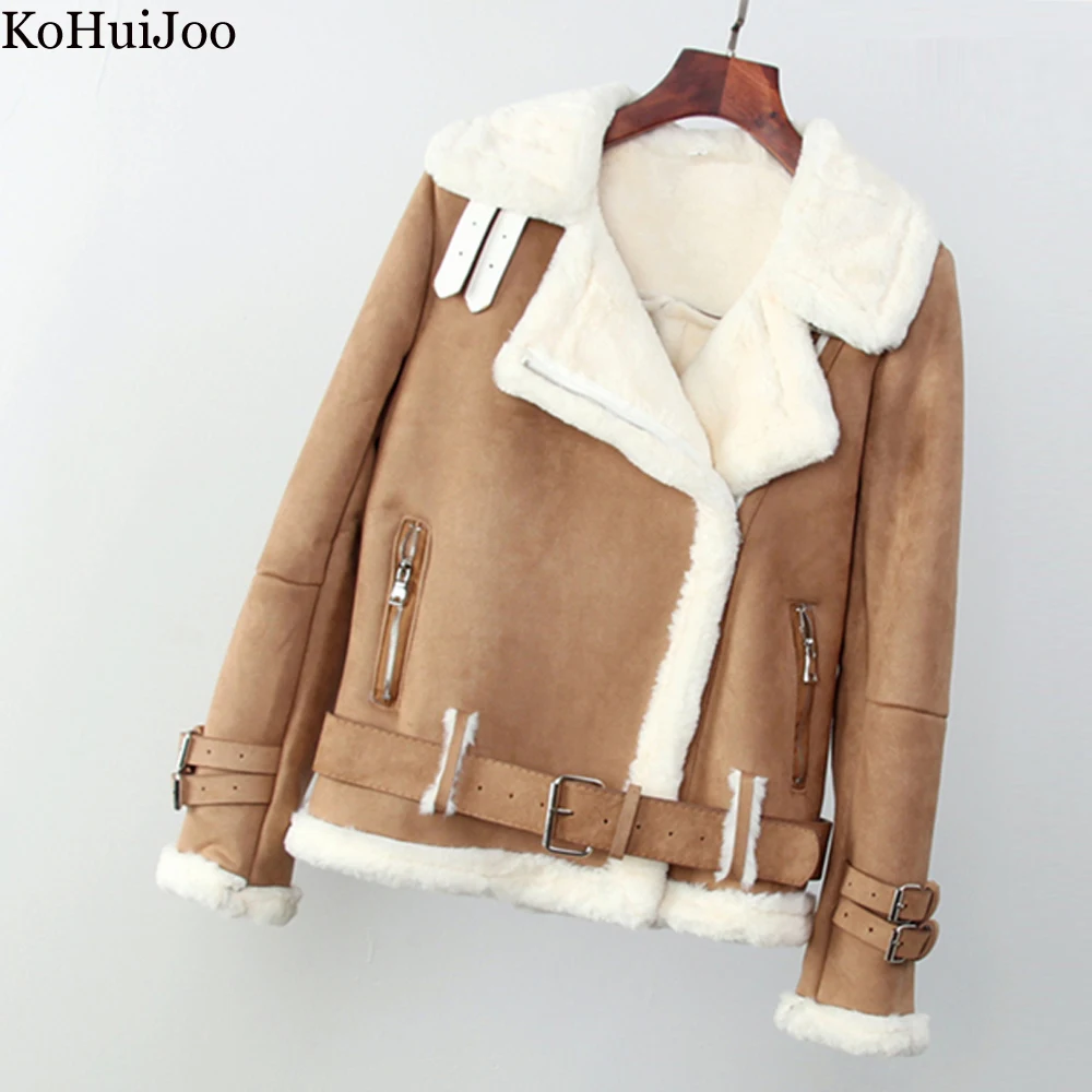 Winter Lambs Wool Jacket Women Thick Long Sleeve Cotton Padded Warm Suede Faux Shearling Sheepskin Fur Motorcycle Coat | Женская одежда