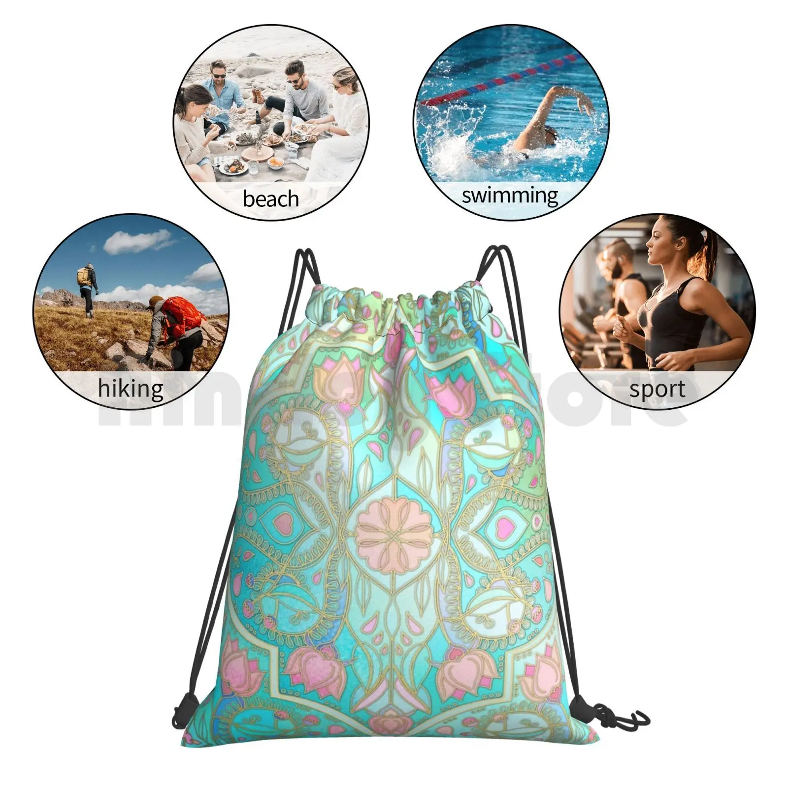 

Floral Moroccan In Spring Pastels-Aqua , Pink , Mint & Peach Backpack Drawstring Bag Riding Climbing Gym Bag Pattern Pink