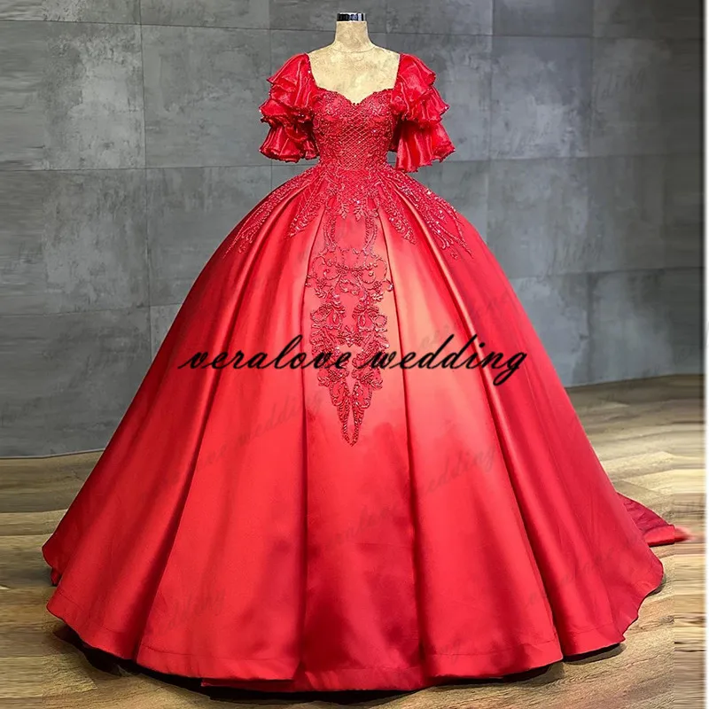 

robes de soiree Red Ball Gown Prom Dress Sweetheart Appliques Lace Middle East Evening Party Gowns Long vestidos de gala