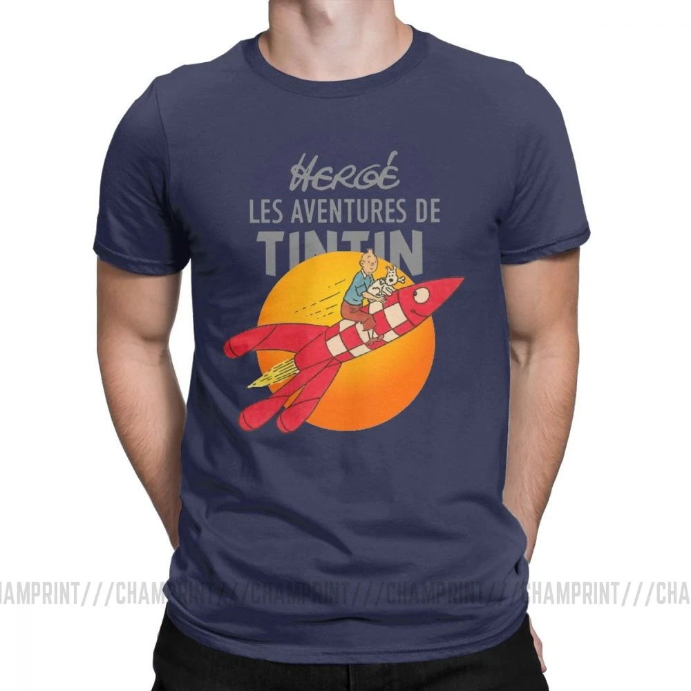 Мужские футболки TINTIN The adventures Of Tintin винтажные хлопковые футболки с коротким рукавом Одежда с вырезом лодочкой топы размера плюс - Цвет: Тёмно-синий