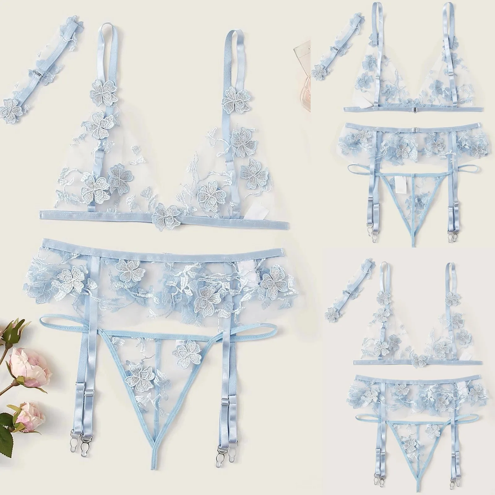 

4pcs Lace Embroidery Lingerie Set Hang One's Neck See Through Pajamas Set Women Lovely Pyjamas Set Bra G-string Underwear