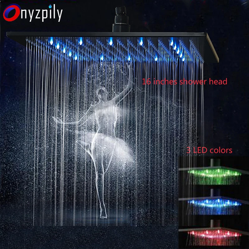 

Black Rainfall Shower Head LED Light 16" Large Rainfall Shower Faucet Head Square Brass Showerhead Color Changing Head