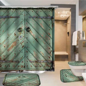Набор занавесок для душа с противоскользящими ковриками для туалета, ковриков для ванной и крючков, винтажная Водонепроницаемая Штора для деревянных ворот
