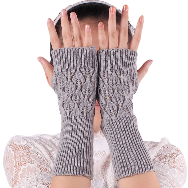 

Women Autumn Crochet Hollow Out Leaves Half Finger Gloves Solid Color Acrylic Kn M5TE