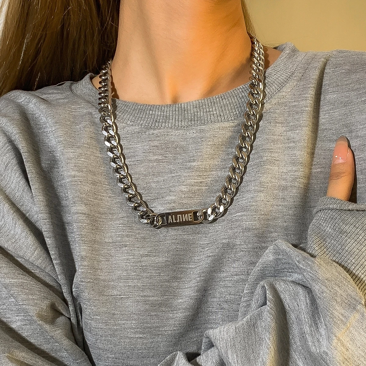 

Letters tide brand titanium steel thick chain necklace street hip-hop Cuban chain men's stainless steel chain simple personality