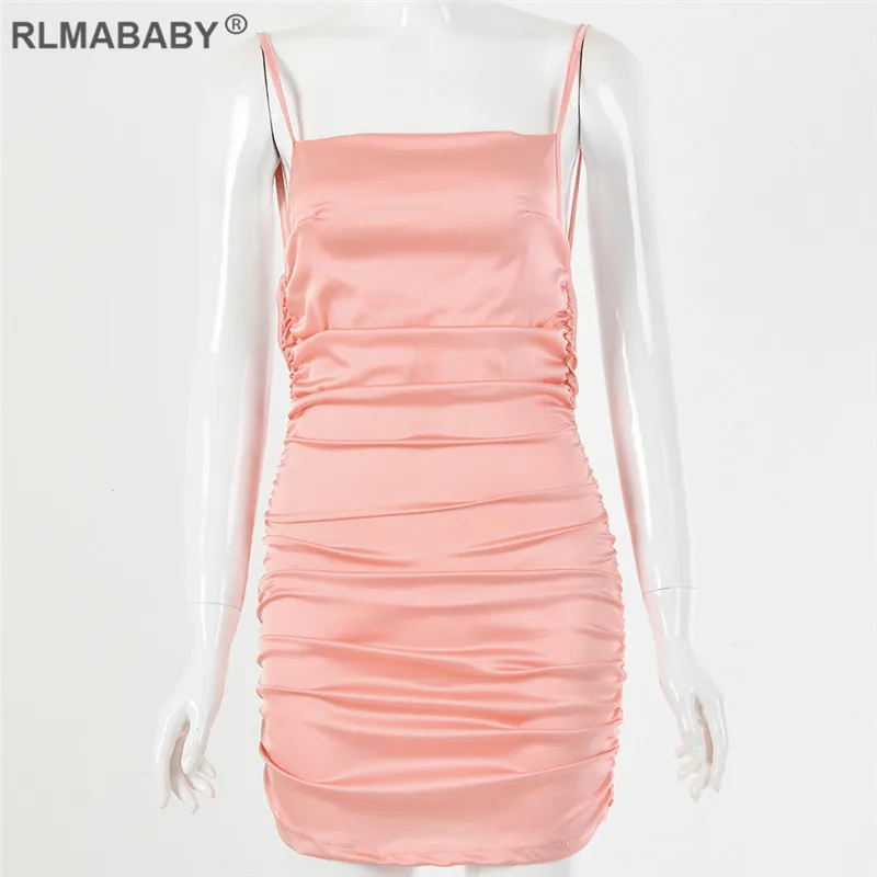 Pink RLMABABY, однотонный атлас, Сексуальное мини платье на бретельках, без рукавов, с открытой спиной, женское облегающее платье, летнее Клубное нарядное плиссированное платье - Цвет: Pink