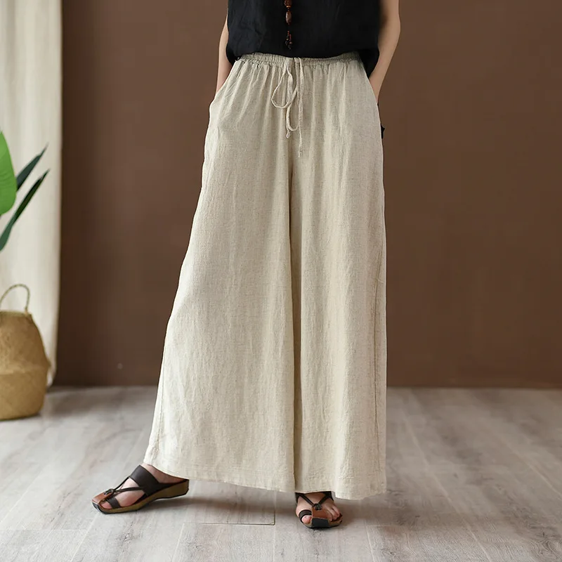

2020 latest summer women long pants cotton linen loose women pants retro linen casual wide leg trousers European women pants A8