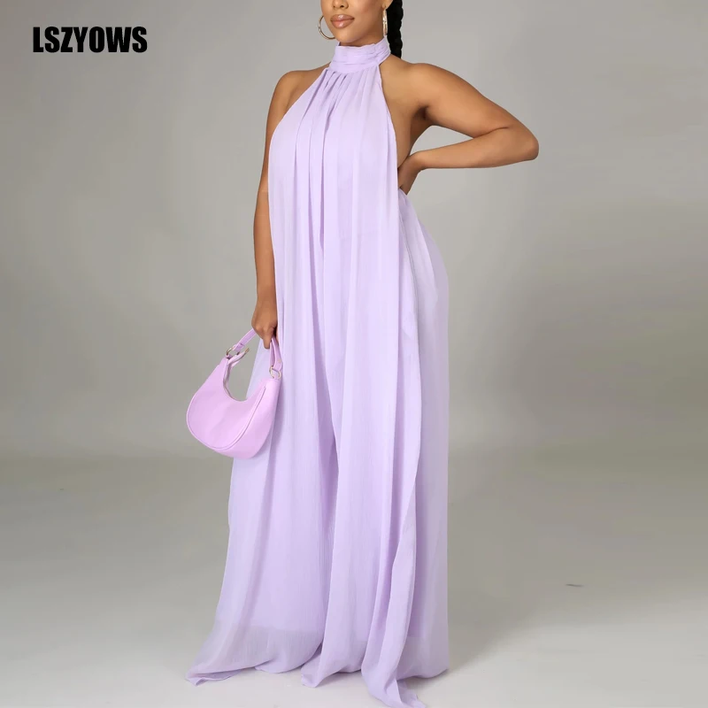 

Elegant Chiffon Halter Jumpsuit Summer Casual Holiday Overalls Women Romper Sleeveless Backless Wide Leg Pant Sexy Long Jumpsuit