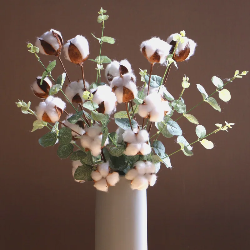

4 Heads Naturally Dried Cotton Flowers with Eucalyptus Leaves Artificial Plants Floral Branch for Wedding Party Home Decoration