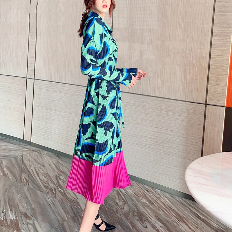 Женское плиссированное платье LANMREM Повседневное с отложным воротником и длинным