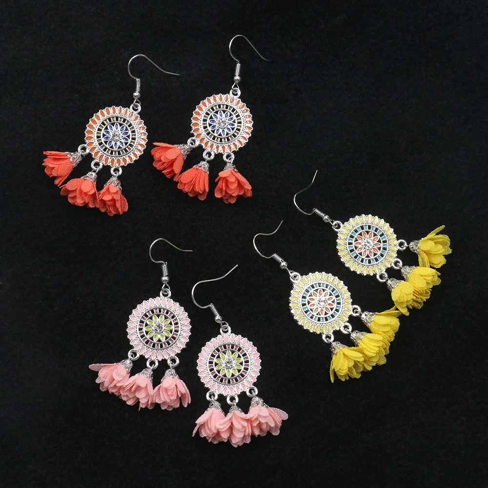 

European and American popular rose tassel earrings female creative dripping alloy long earrings