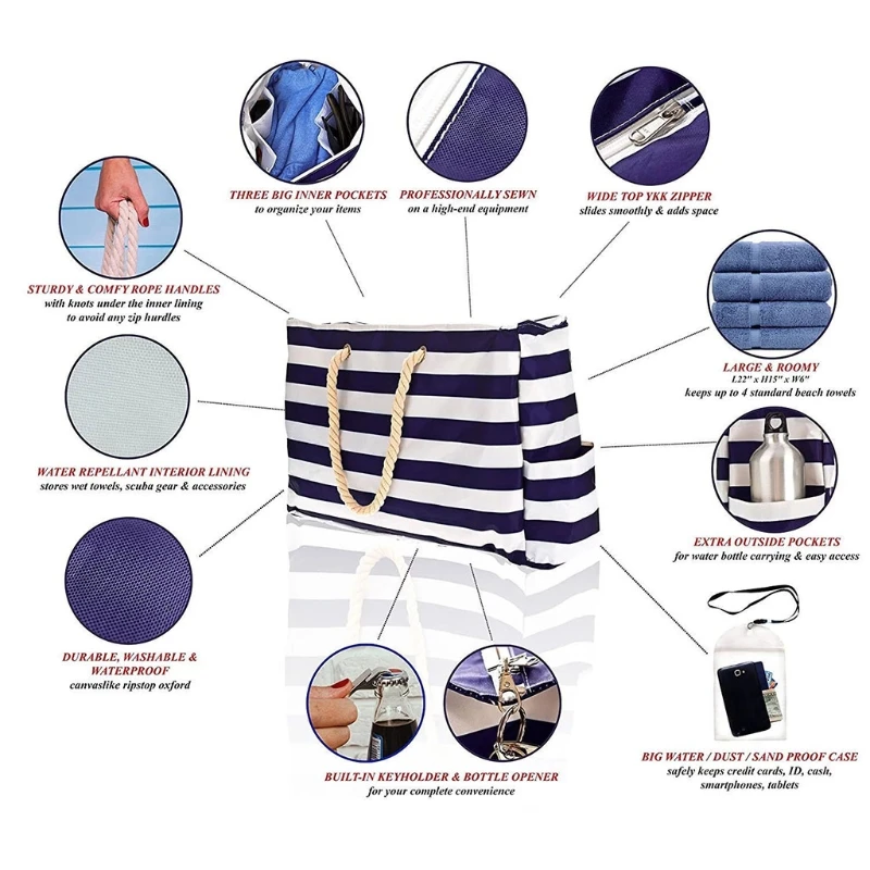 

Extra Large Beach Bag Key Holder Bottle Opener Two Outside Pockets Top Zipper Closure Rope Handles Canvas Shoulder Bag J60D