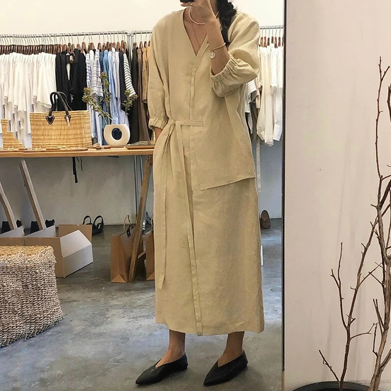 SHENGPALAE 2021 Новое весеннее женское винтажное свободное платье с высокой талией