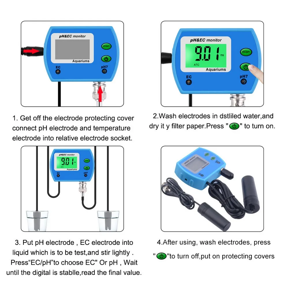 

2 In 1 Water Quality Monitor PH/EC Meter Monitor Acidometer 0-14.00PH Water Quality Tester Aquarium Swimming Pool Monitor