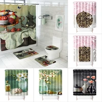 nordic style oil painting print shower curtain with 12 hooksbathroom non slip bath mat carpet toilet lid cushion 3 piece set