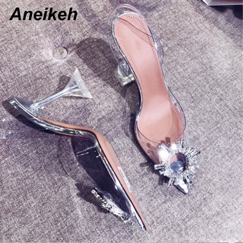 Сандалии Aneikeh женские из ПВХ Модные прозрачные туфли высокий каблук стразы с