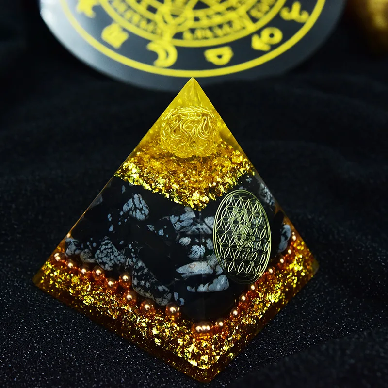 

70mm Chakra Orgone Pyramid Reiki Natural Obsidian Gold Crystal Chakra Expel Evil Protection Energy Generator Meditation