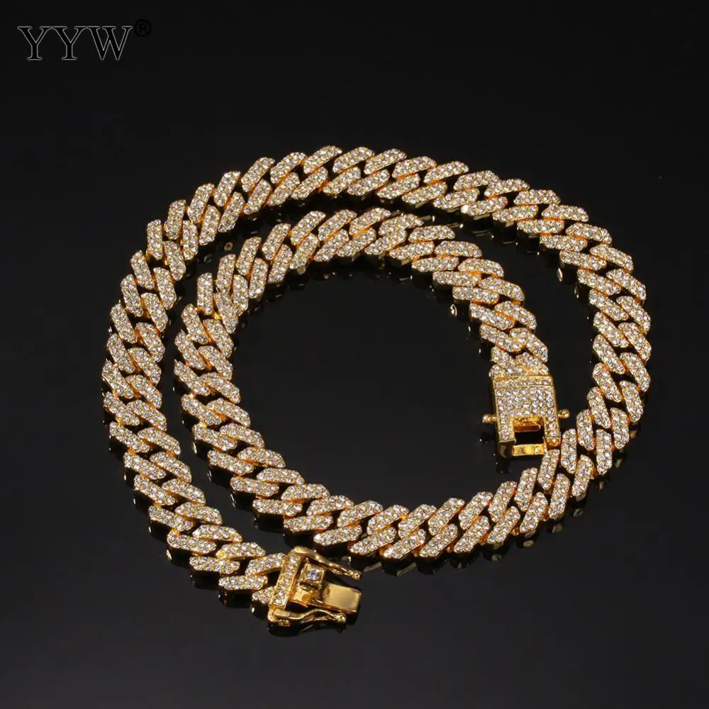 

12mm Mens Rapper Necklaces Chain Link Rhinestone Necklace Hip Hop Jewelry Choker chain Gold Color Cz Clasp 8/16/18/20/22/24inch