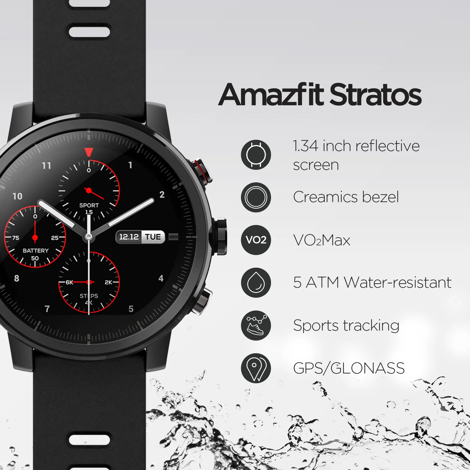 Смарт-часы Amazfit Stratos водонепроницаемые (5 атм) с GPS