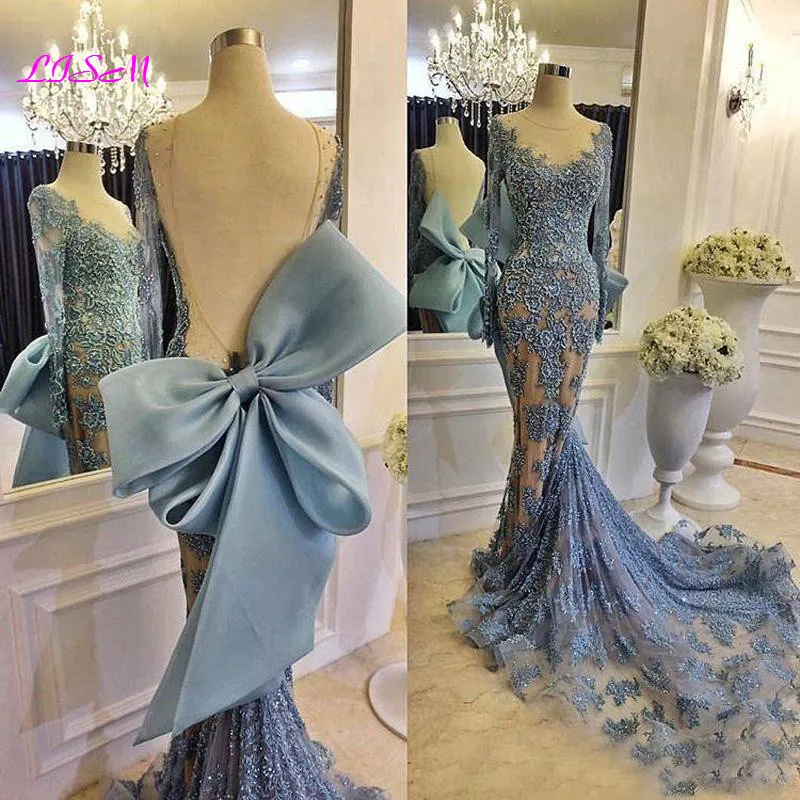 

Arabic Dubai Long Sleeve Mermaid Evening Dresses Backless Appliques Lace Blue Long Evening Party Gowns Elegant Formal Dress 2020