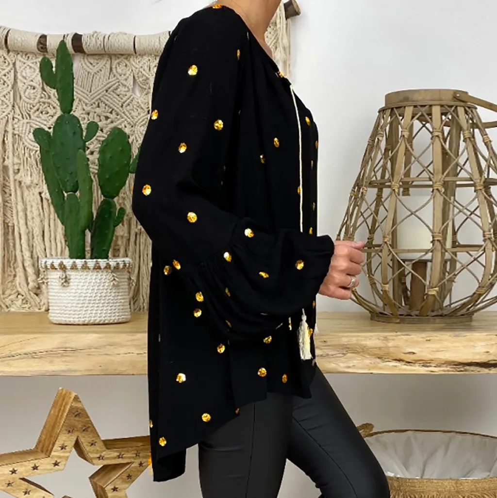 

Femme Blusa Plus Size Polka Dot V Neck Tunic Shirts Loose Long SleeveV-neck Pullover Tops Shirt 5xL