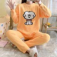 womens autumn and winter high quality flannel warm pajamas set fashion home cartoon embroidery simple style pajamas clothes