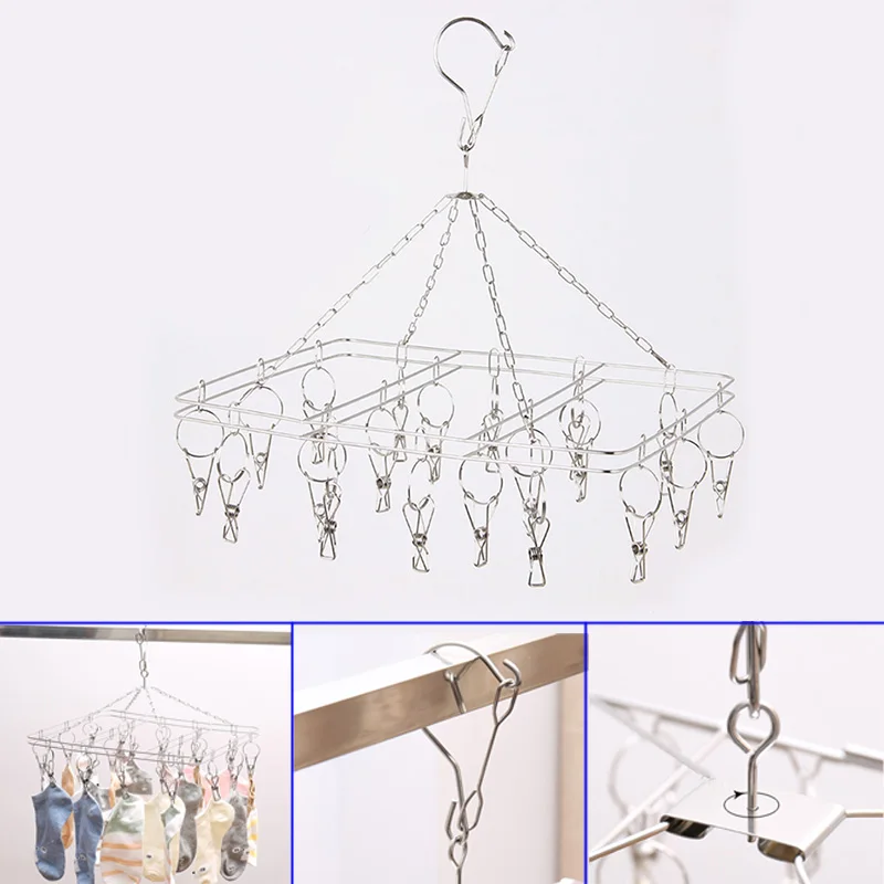 

Square Stainless Steel Hanger Multifunctional Clip Socks Windproof Bold Double 20 Clothespins F2