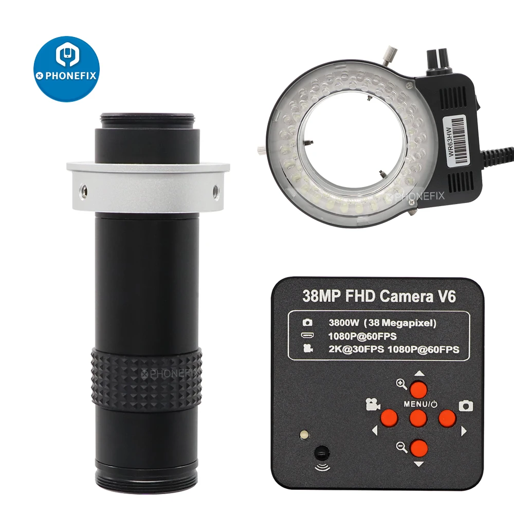 

2021 HD 1080P 60FPS 38MP HDMI USB Industrial Electronic Digital Video Microscope Camera Set + 120X C-MOUNT Lens + 56 LED Light