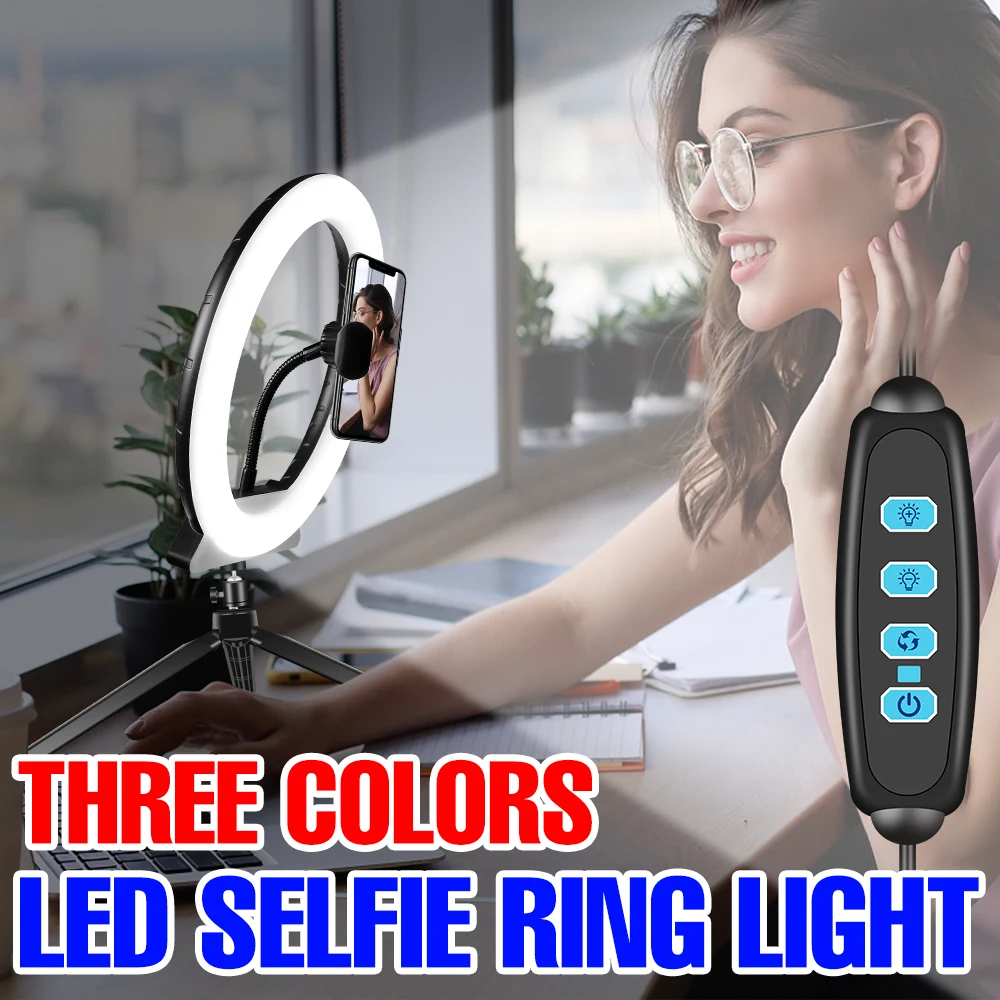 

LED 3 Colors Ring Lamp Live Streaming Video Light USB Dimmable Selfie Lighting Fill Phone Photography Light With Tripod Stand