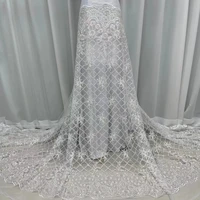 pure white fashion african lace fabric high quality heavy beads lace embroidery french tulle lace fabric 2021 design 5yards