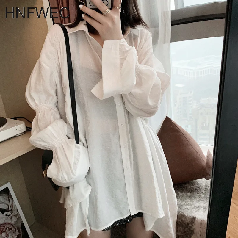 

2020 new turn-down collar puff sleeves single breasted chiffon thin see through sexy BF shirt dress female blouse V425
