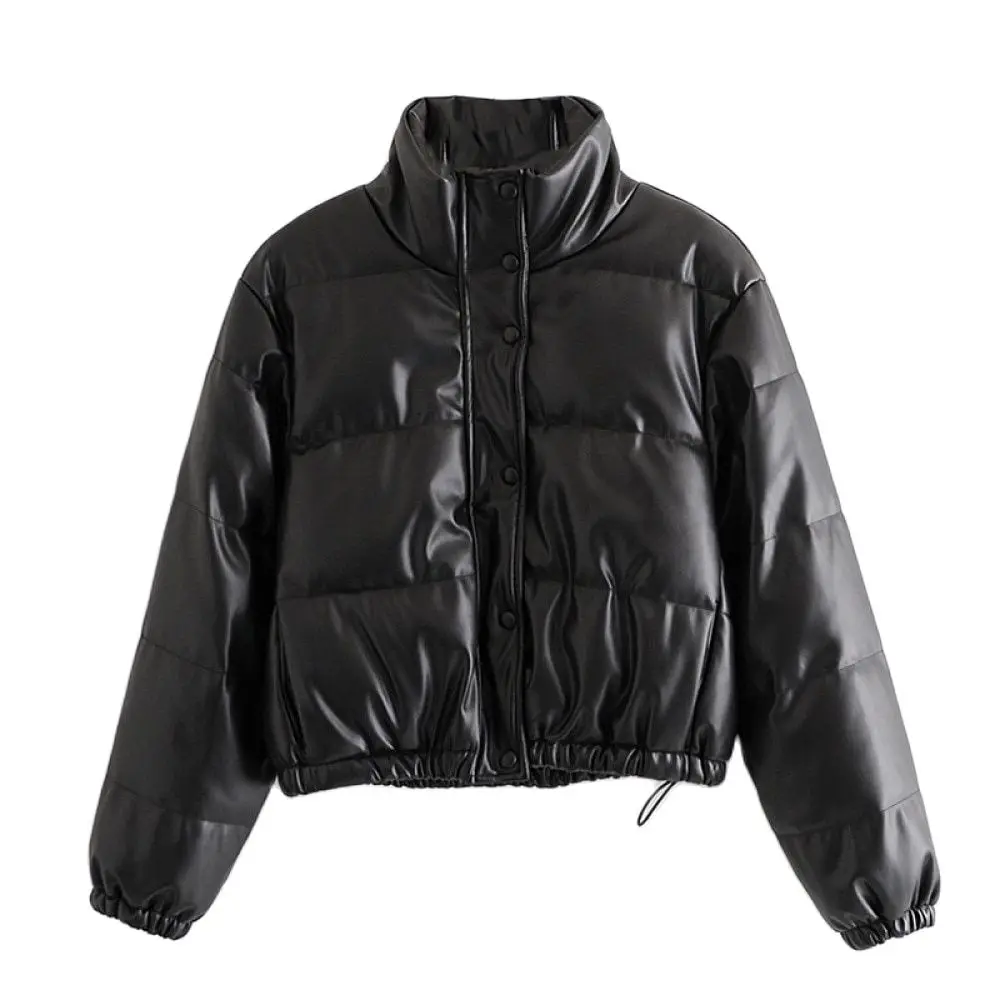 Parka Women Streetwear Long Sleeve Padded Jacket 2021 Single Breasted Thick Warm Coat Faux Leather Winter PU Black enlarge