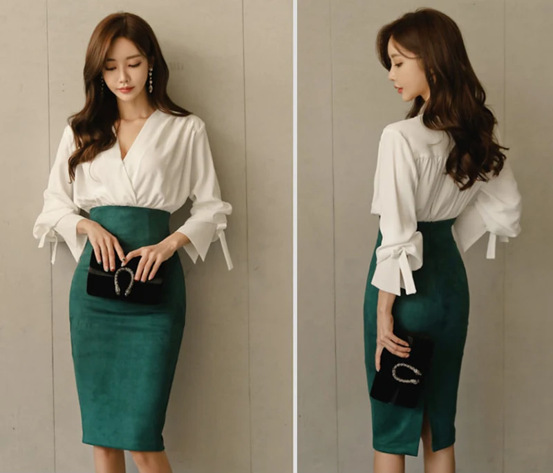 

Elegant OL Style 2 Pieces Set V-neck White Blouse & High Waist Suede Hip Package Skirt Autumn Office Ladies Women Set